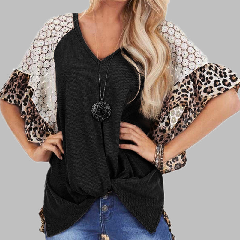 Jungle Vibes Leopard Patchwork Batwing Sleeve Top