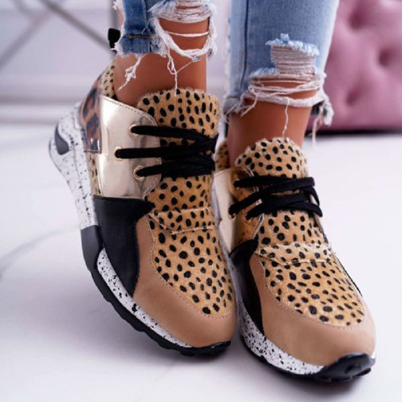 Trendy Leopard Print  Flat Bottom  High-Top Sneakers with  Gold Accents