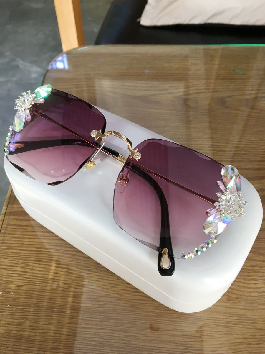 Frameless Trendy Rhinestone Sunglasses, Gradient Luxury Sunglasses.