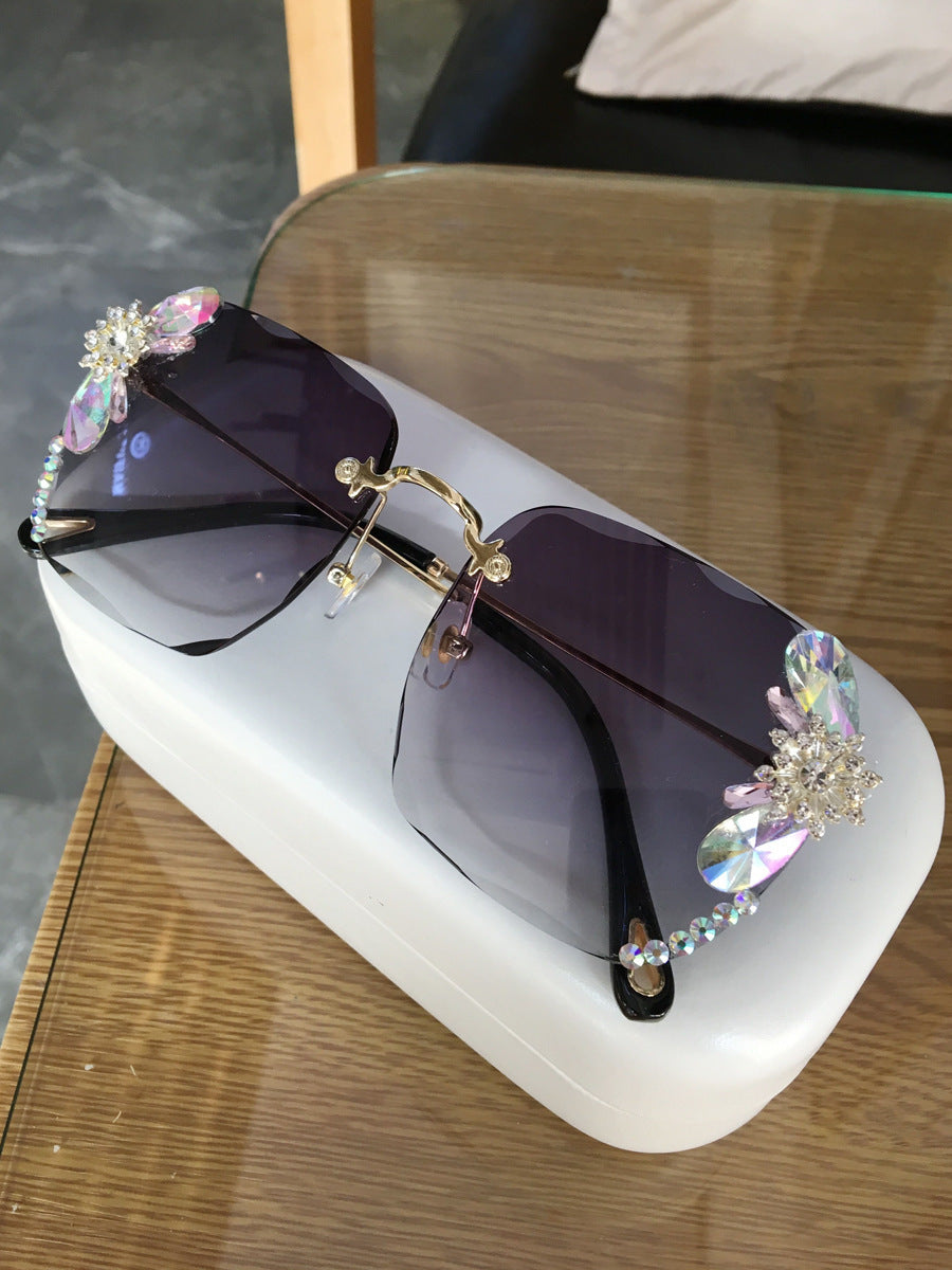 Frameless Trendy Rhinestone Sunglasses, Gradient Luxury Sunglasses.