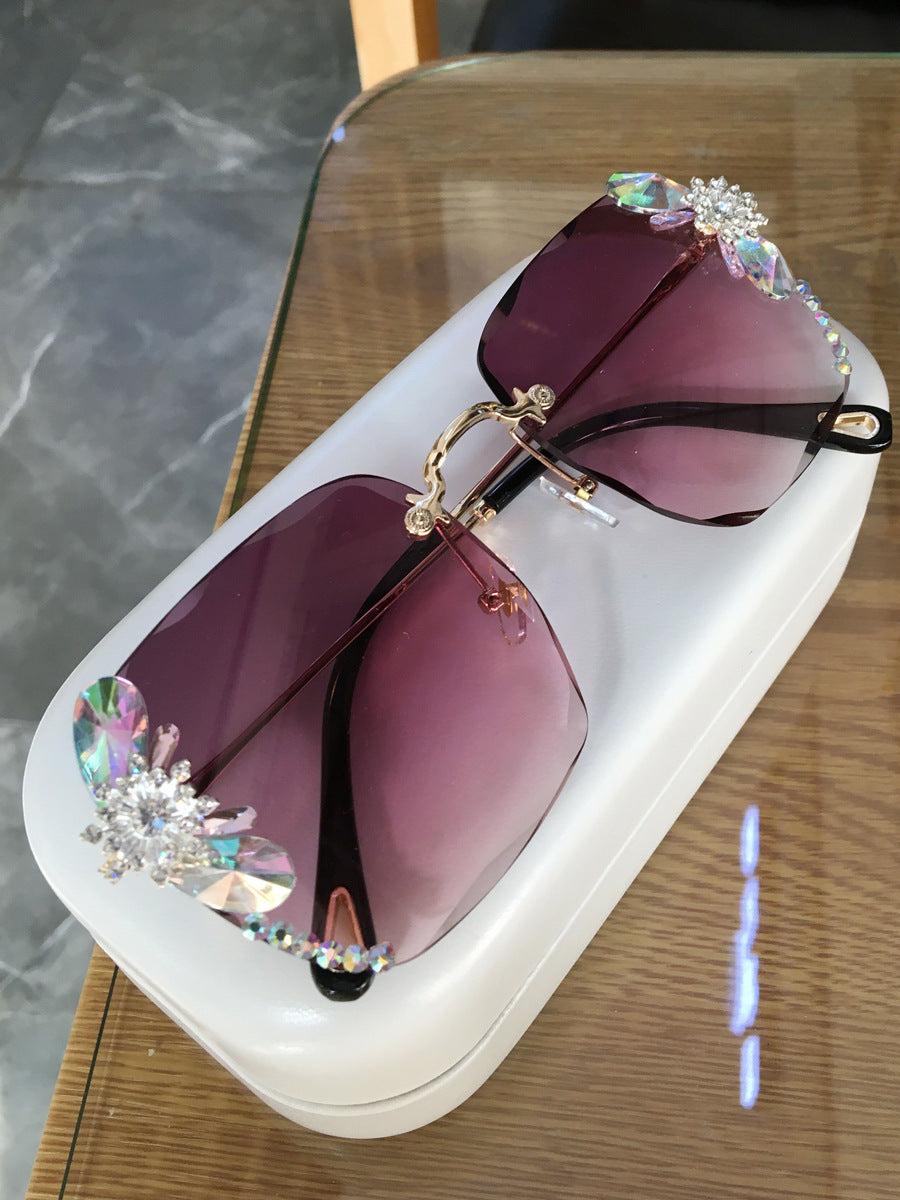 Frameless Trendy Rhinestone Sunglasses, Gradient Luxury Sunglasses.