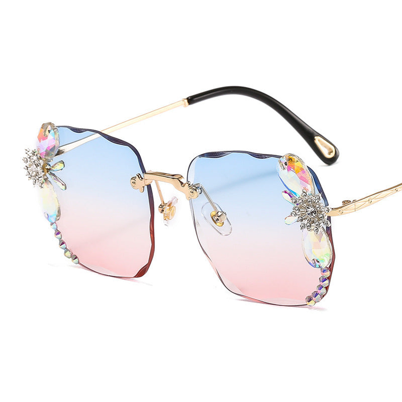 Frameless Trendy Rhinestone Sunglasses, Gradient Luxury Sunglasses.