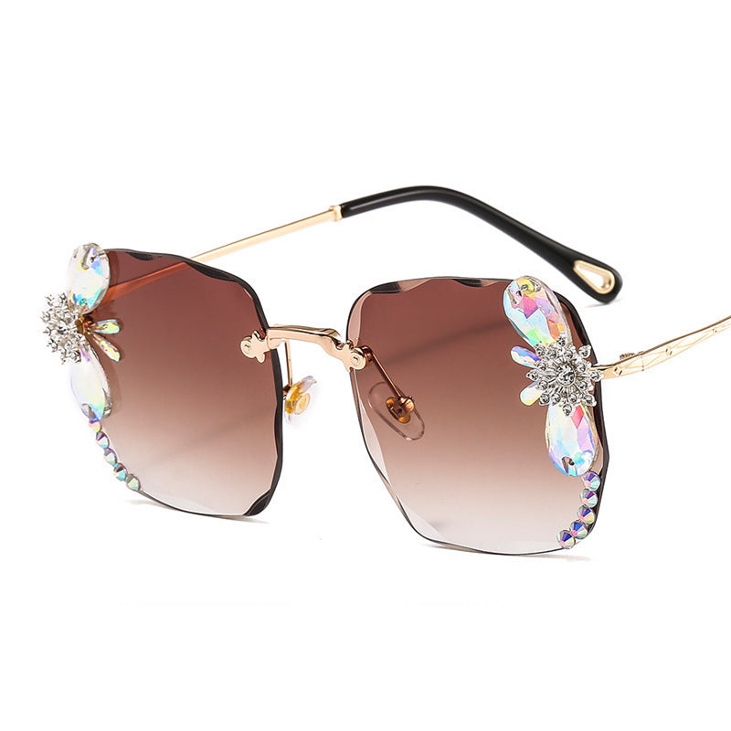 Frameless Trendy Rhinestone Sunglasses, Gradient Luxury Sunglasses.