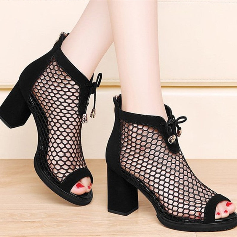 Black Mesh High Heels Zipper Sandals