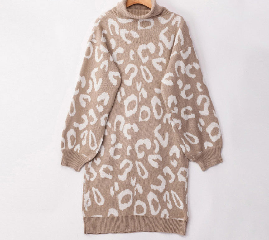 So Cozy Turtleneck Leopard Print Sweater Dress