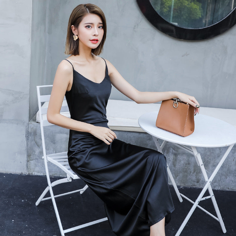 Spaghetti Straps Long Dress Silk Vest Suspender Skirt