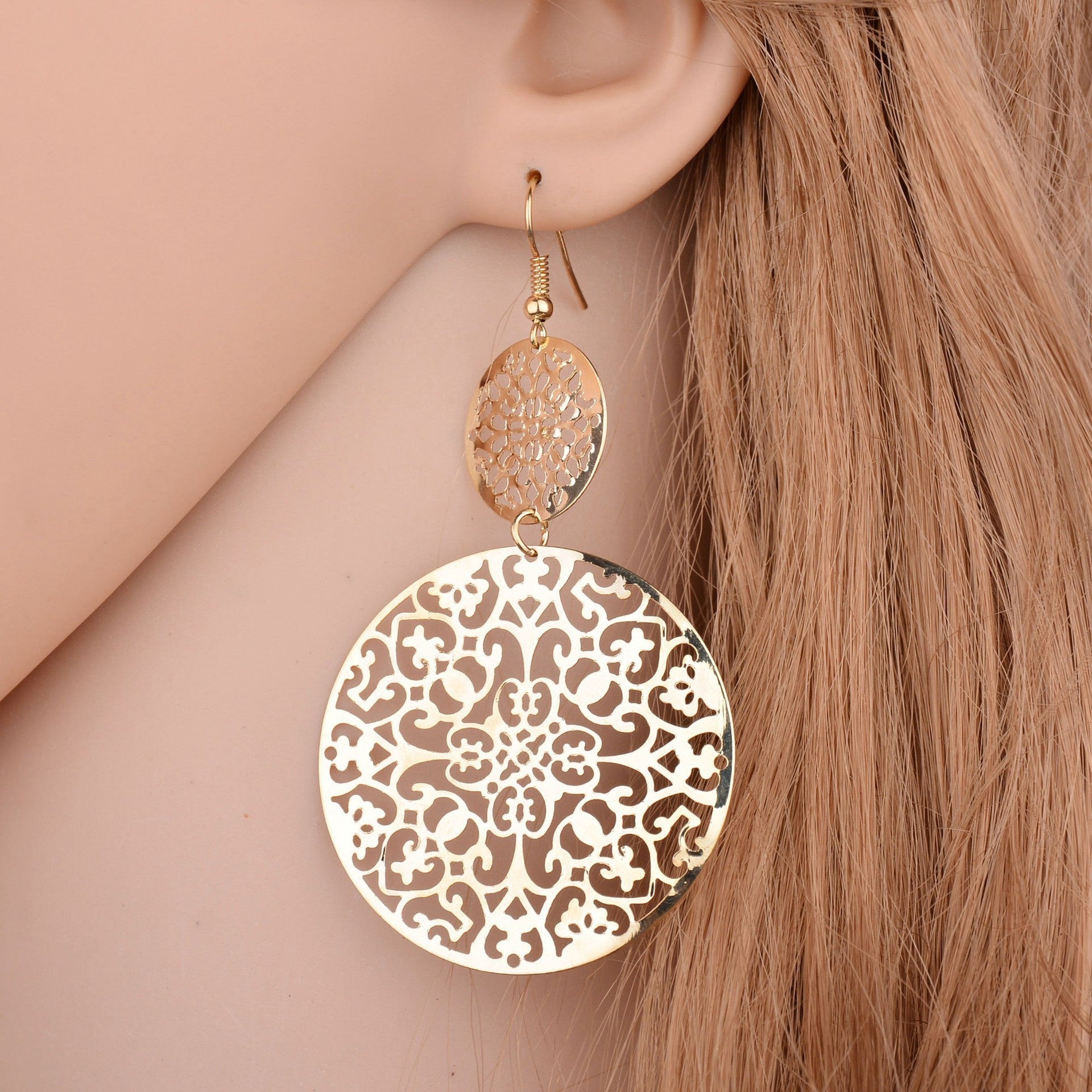 Round Pattern Drop Dangle Earrings Gold Overlay.