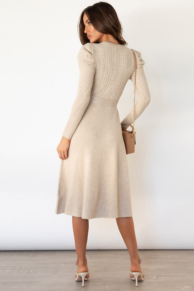 Round Neck Long Sleeve Tie Waist Midi Sweater Dress