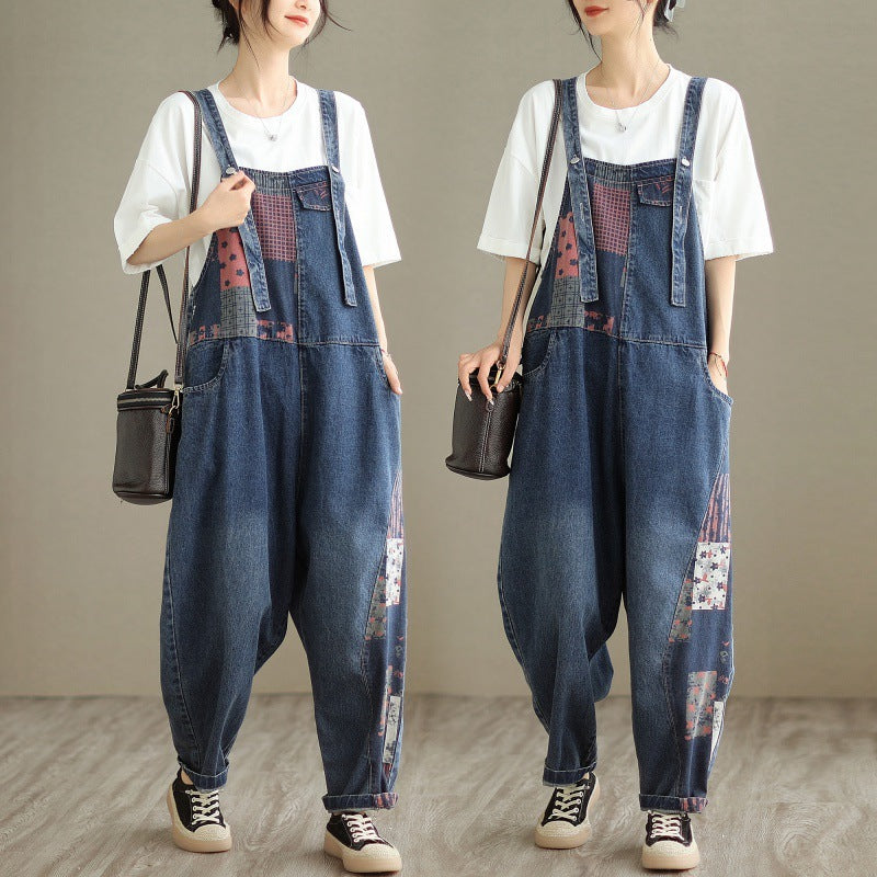 Print Spliced Nine Split Denim Strappy Overalls