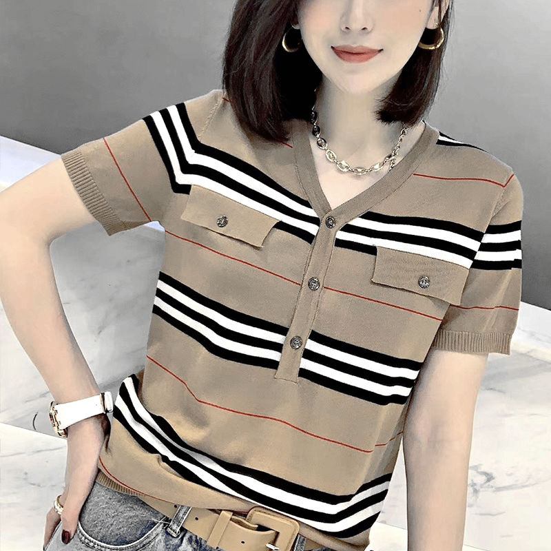 Khaki Striped Hemp  Blouse with Short Sleeves