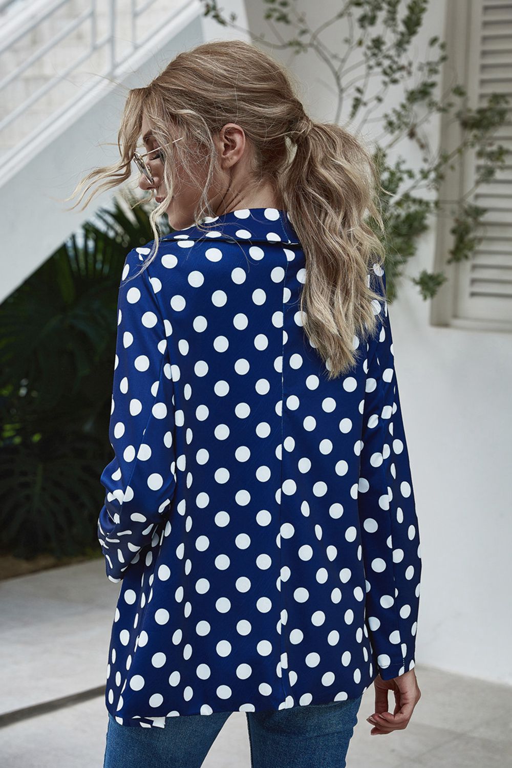 Classic Polka Dot Navy Blue Long Sleeve Blazer