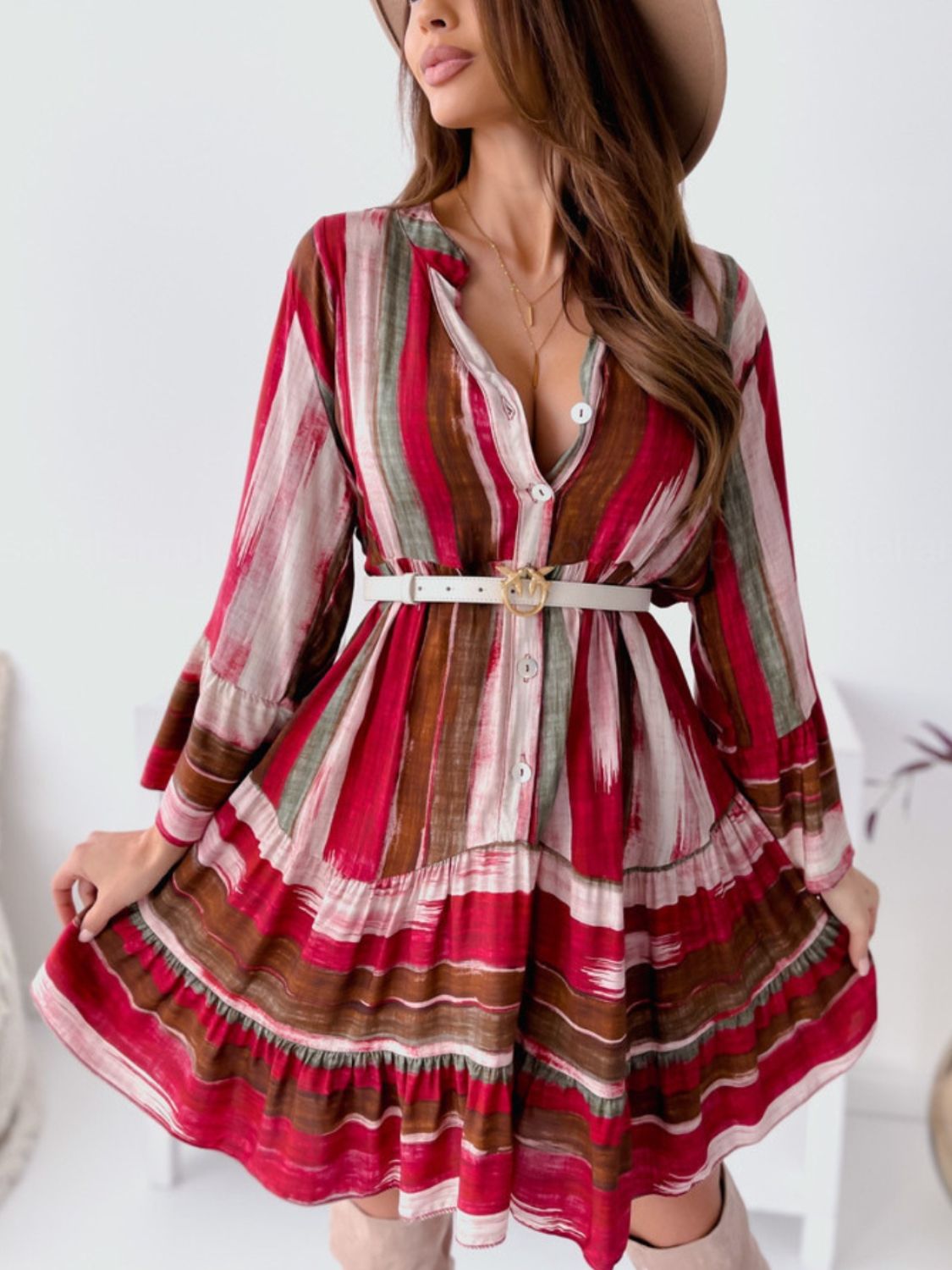 Vibrant Striped Buttoned Mini Dress with  Long Sleeves