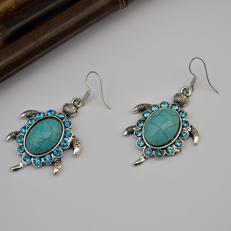 Cute Boho Turquoise Stone Turtles Drop Hook Earrings.