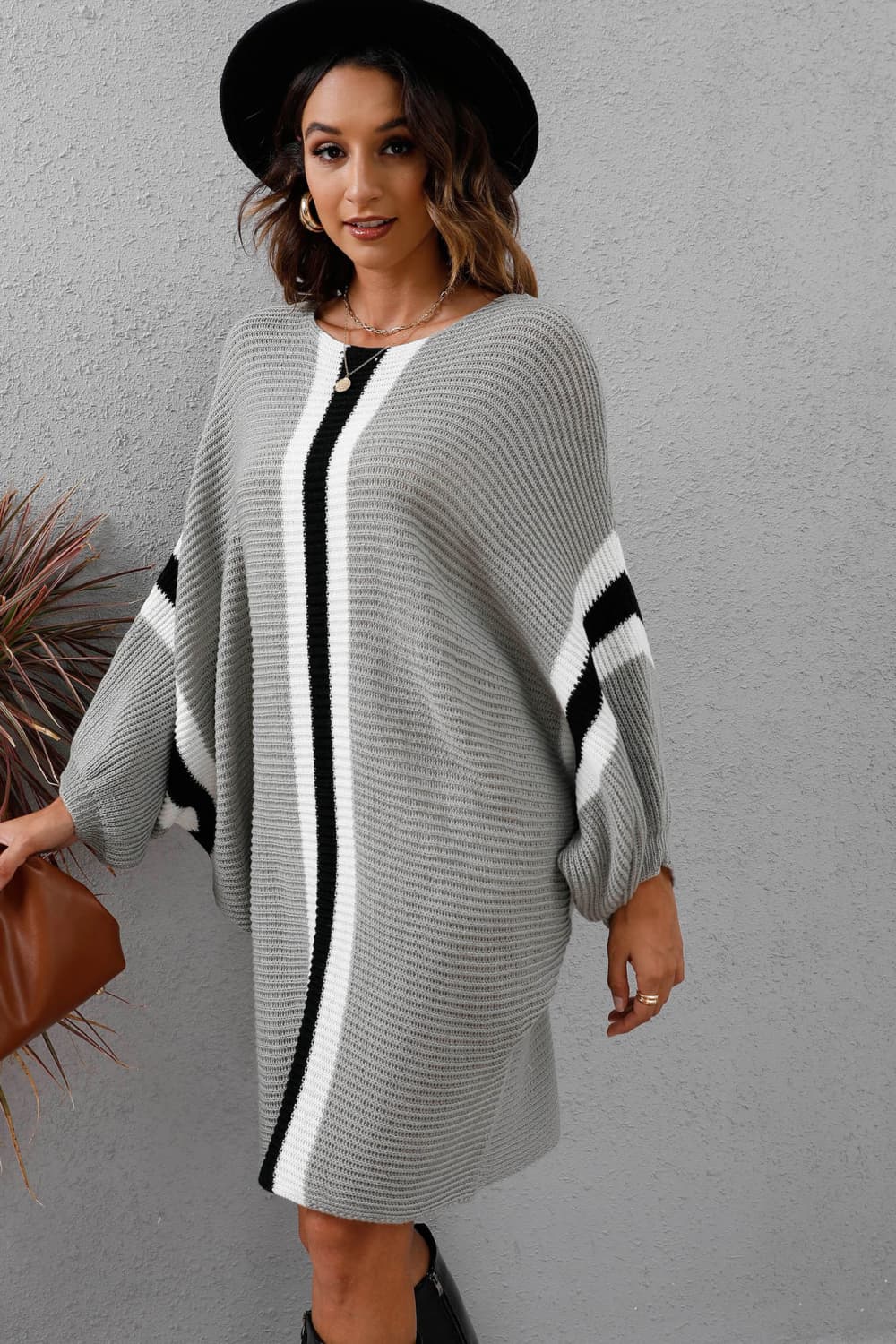 Chic  Ribbed  Sweater Dress with Round Neck & Long Dolman Sleeves