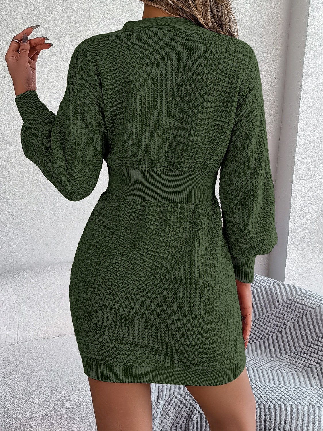 Classic Buttoned Cable-Knit V-Neck Sweater Dress