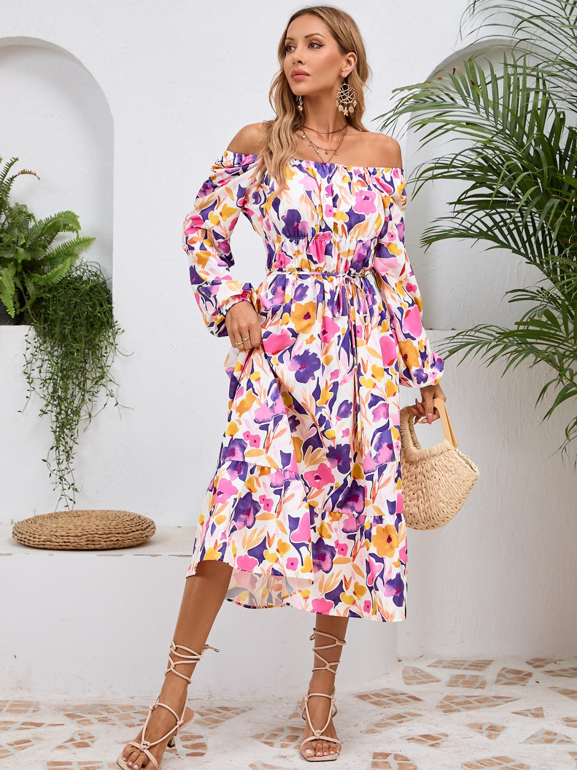 Happy Boho Printed Midi Dress with Long Sleeve