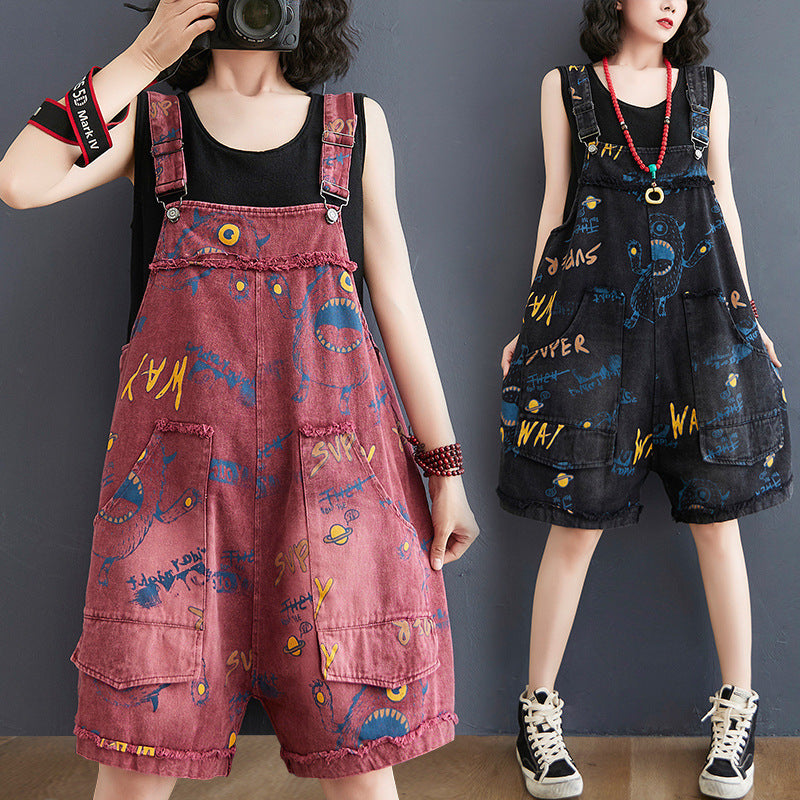 Retro Fashion Print Loose Denim Strap Overalls