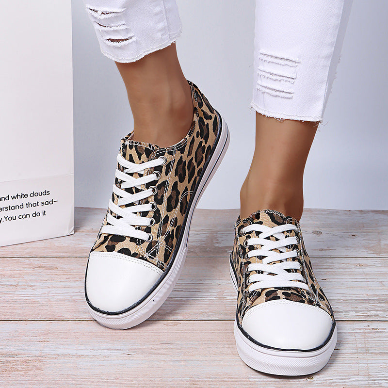 Color-Block  Thick-Soled Leopard Print  Lace-up Casual Sneakers