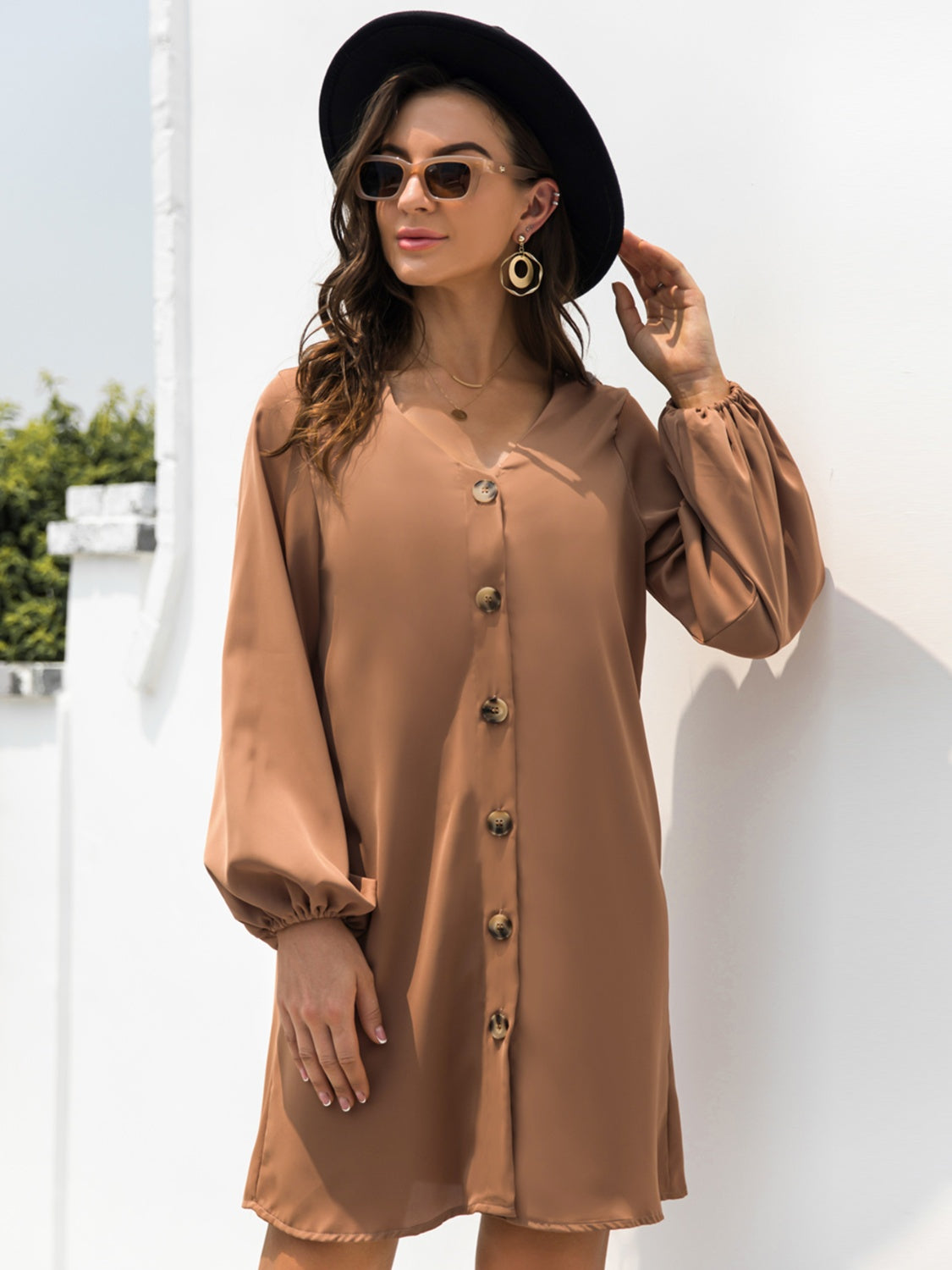 New Autumn  Mini Buttoned Dress with V-Neck & Long Sleeves