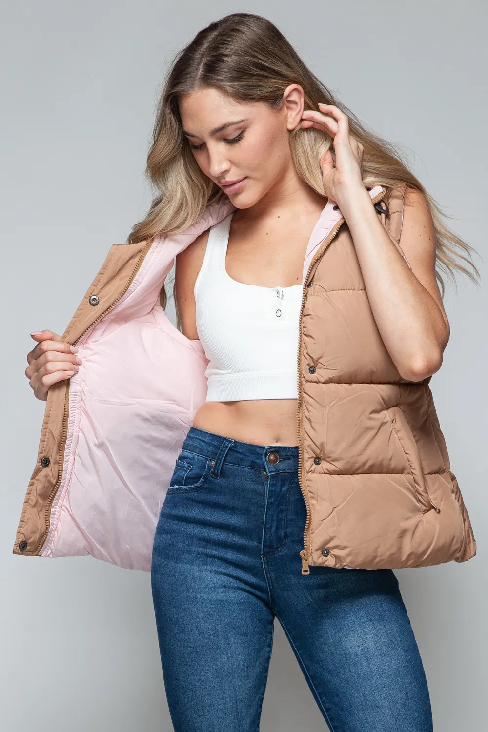 Stylish Snap And Zip Closure Hooded Vest