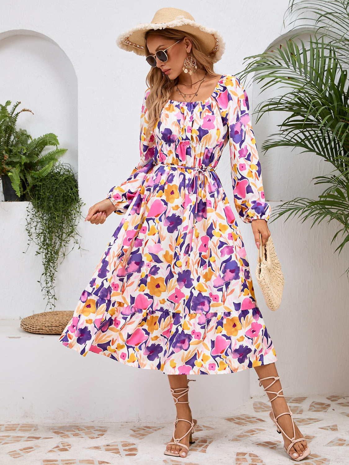 Happy Boho Printed Midi Dress with Long Sleeve