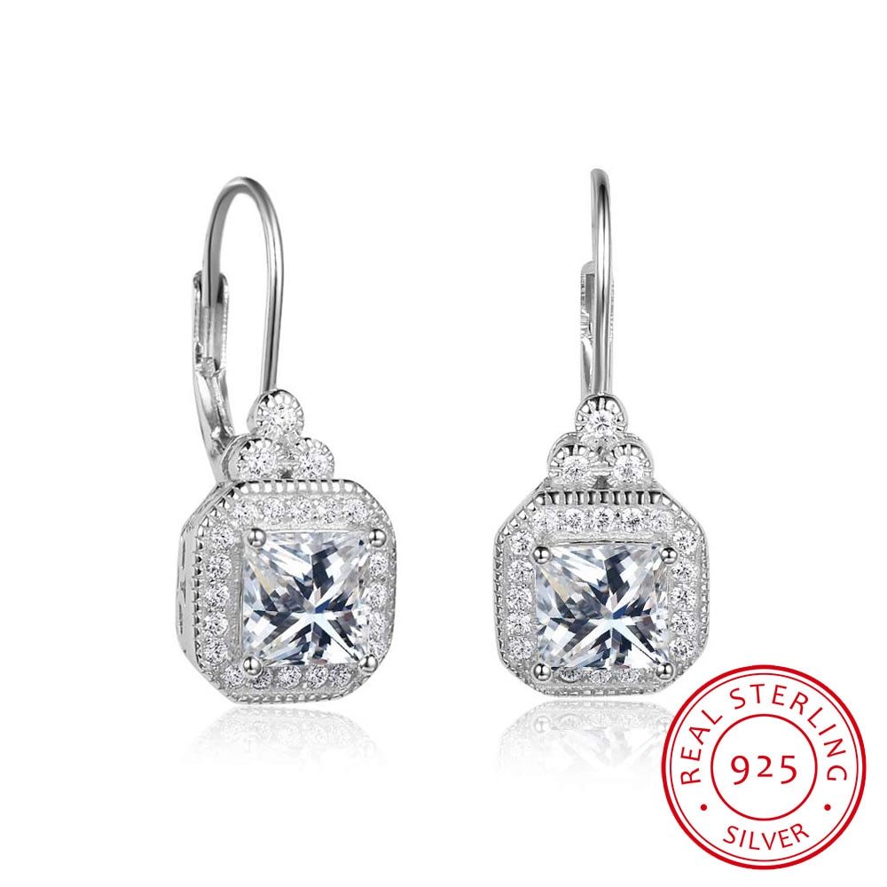 Sparkling Rhinestone 925 Sterling Silver Hook Drop Earrings.