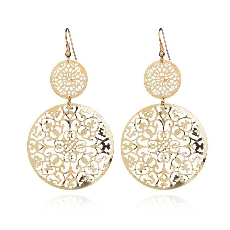 Round Pattern Drop Dangle Earrings Gold Overlay.