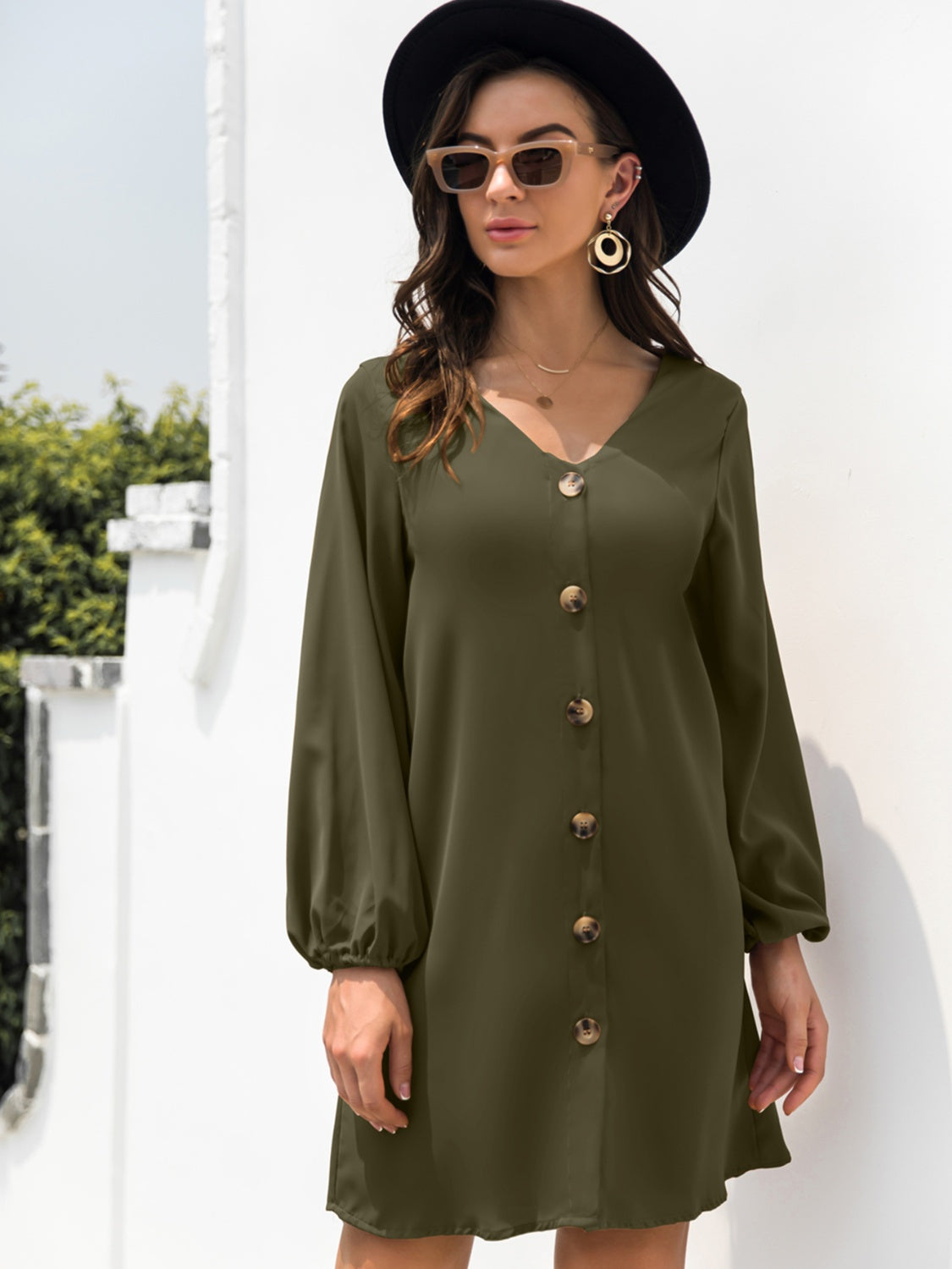 New Autumn  Mini Buttoned Dress with V-Neck & Long Sleeves