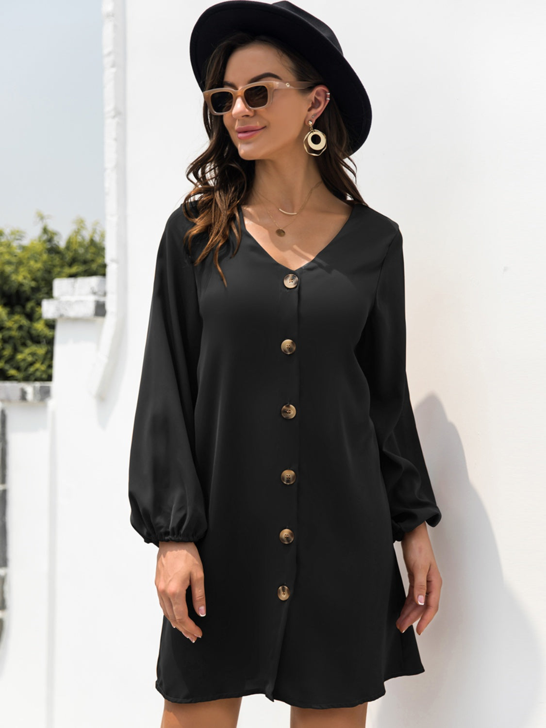 New Autumn  Mini Buttoned Dress with V-Neck & Long Sleeves