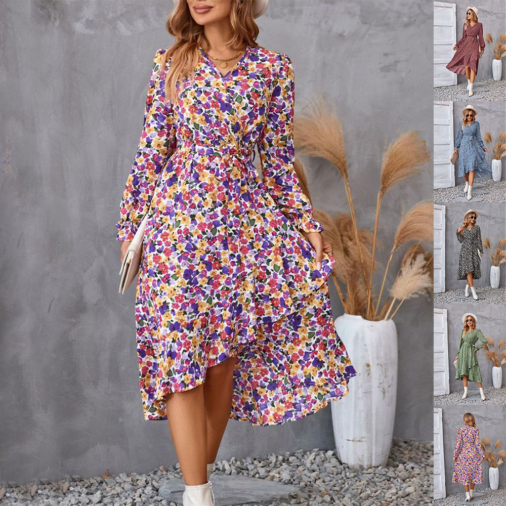 Flowers  Ruffled Print  Dress with Long  Petal Sleeve