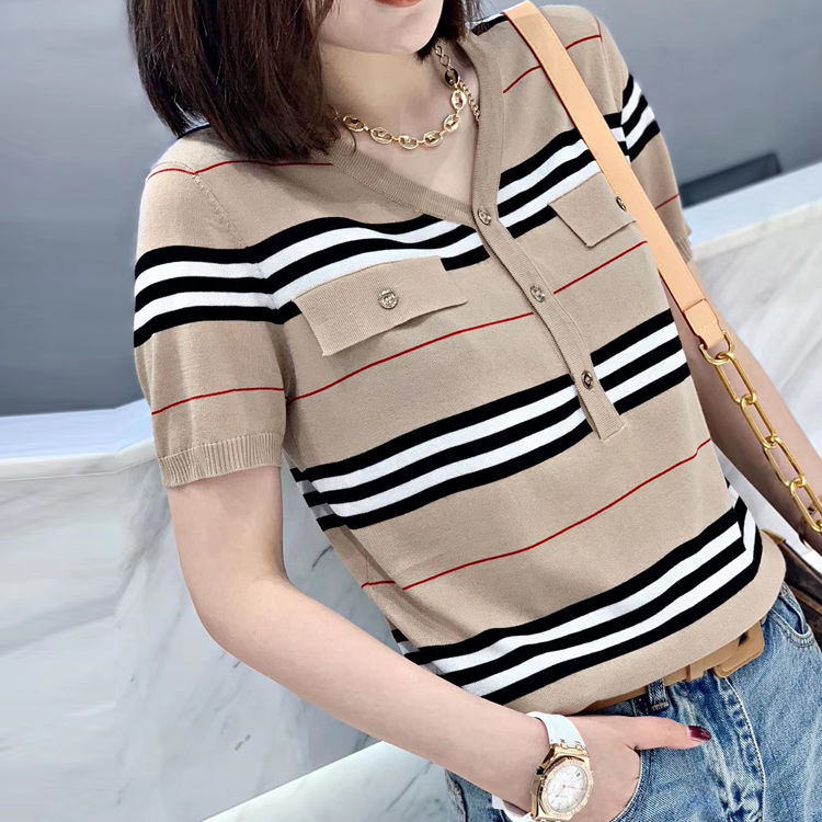 Khaki Striped Hemp  Blouse with Short Sleeves