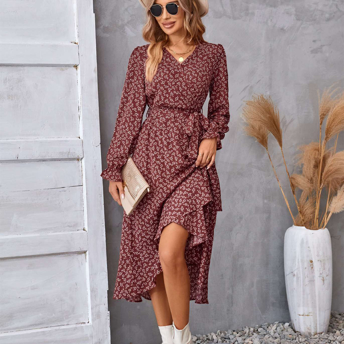 Flowers  Ruffled Print  Dress with Long  Petal Sleeve