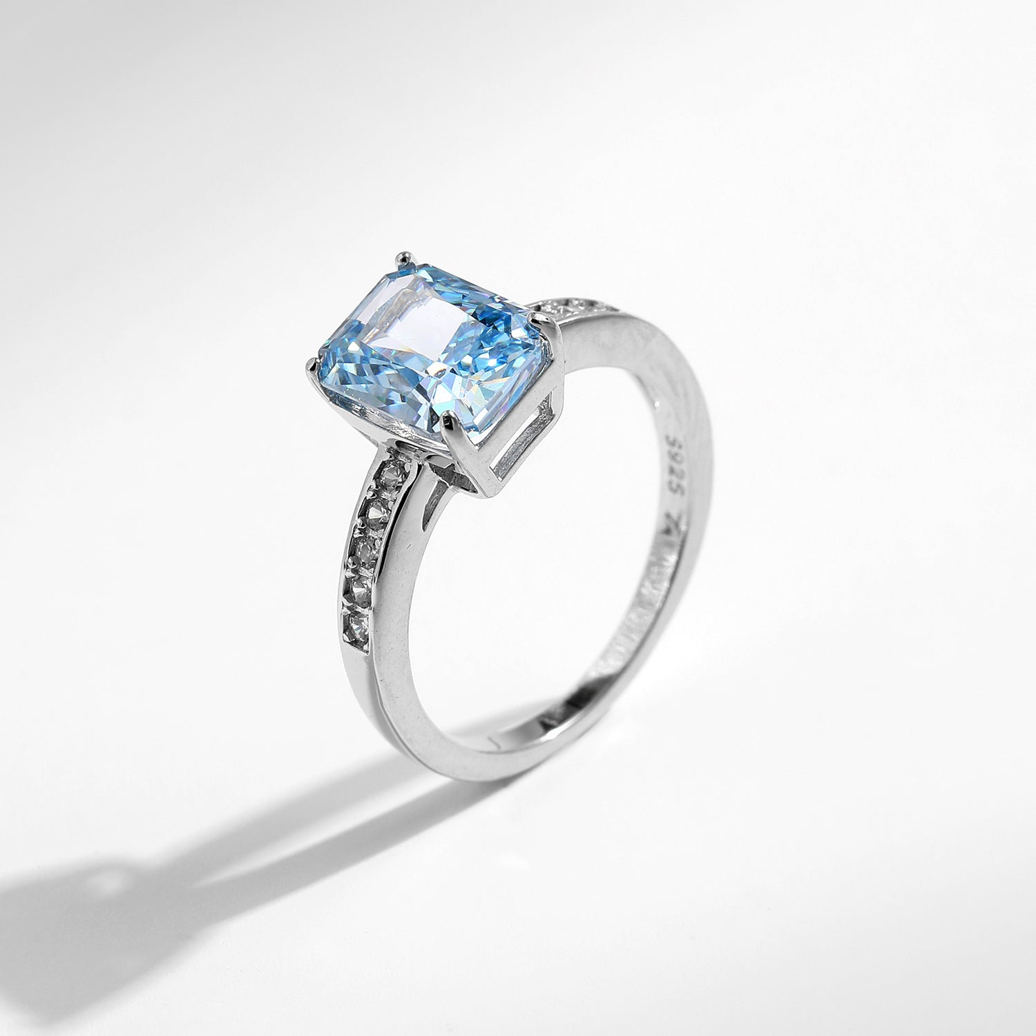 Cool Blue Ice Flower Emerald Cut CZ Ring, 925 Sterling Silver.