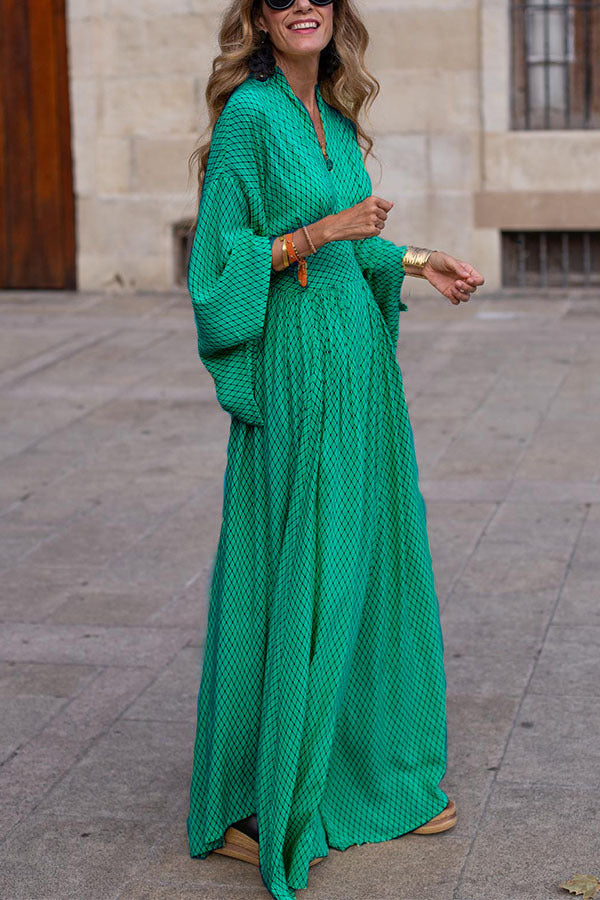 Geometric Pattern V-neck Bat Sleeve Maxi  Dress