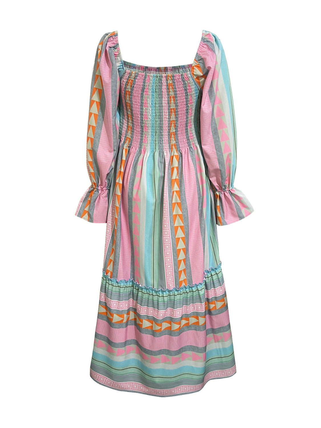 Coral Pink Ruffled Multicolor Striped Maxi Dress with Long Sleeves