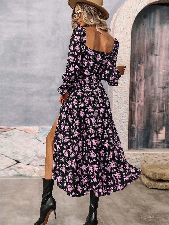 Flowers   Printing Long Sleeve Dress with Square-neck