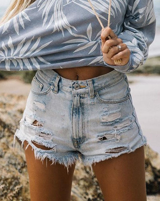 Boho Babe  High Waist Ripped Tassel Denim Shorts