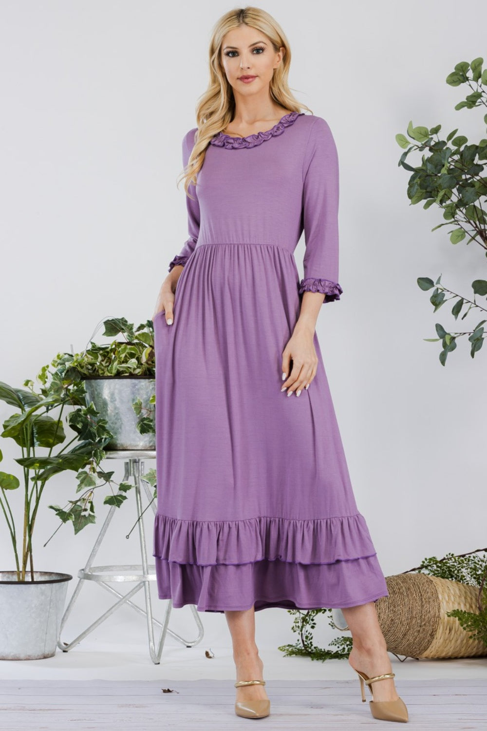 Charming Lilac Dress  with Layered Ruffle Hem Dress & Pockets