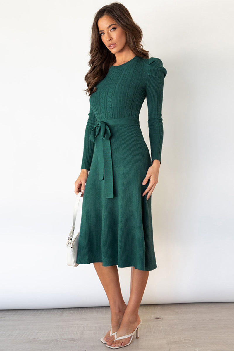 Round Neck Long Sleeve Tie Waist Midi Sweater Dress