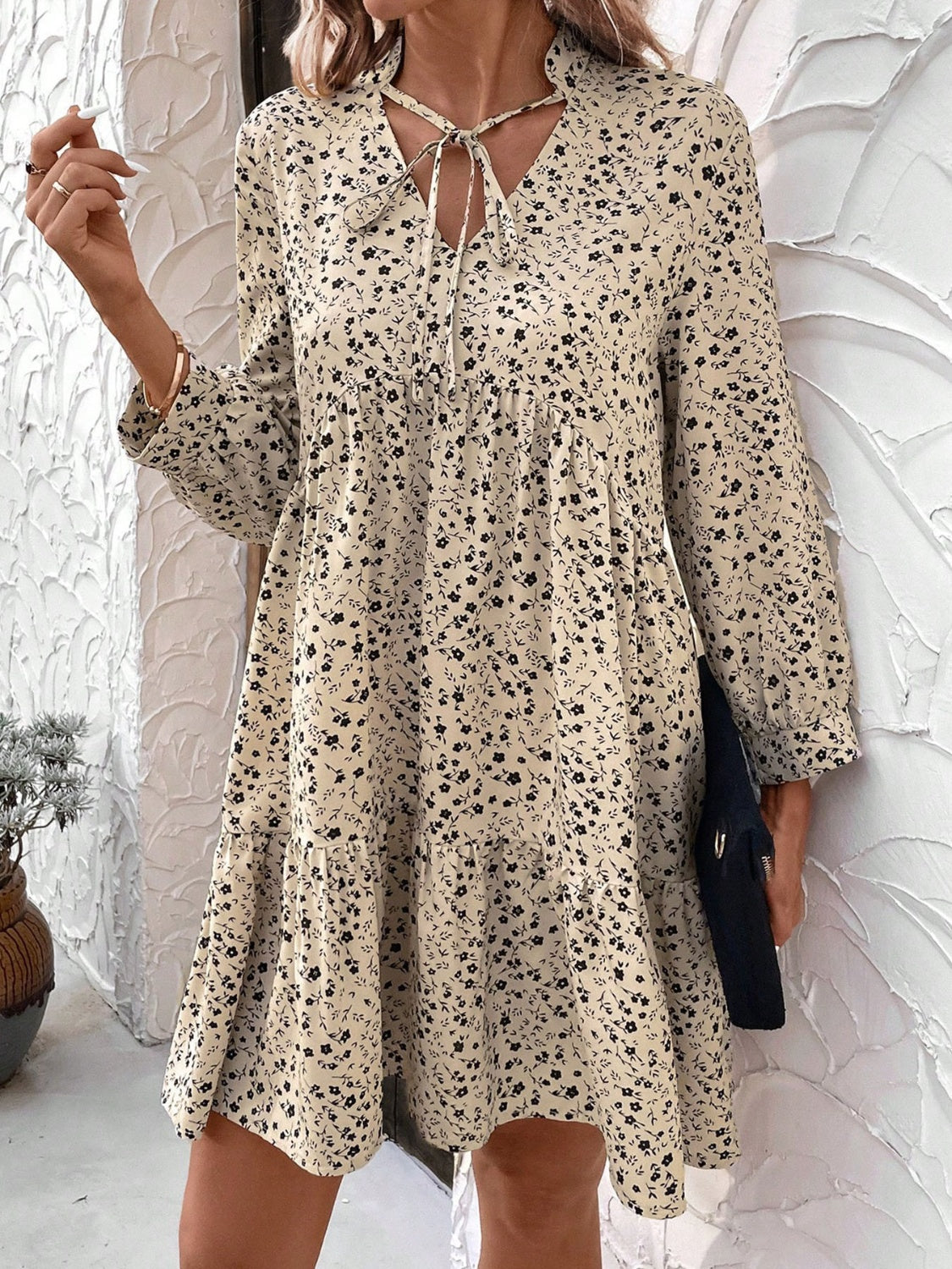 Khaki Tied Printed Mini Dress with  Long Sleeve