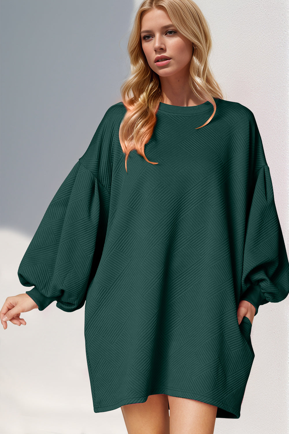 Green Drop Shoulder Mini Dres with Pockets & Lantern Sleeves