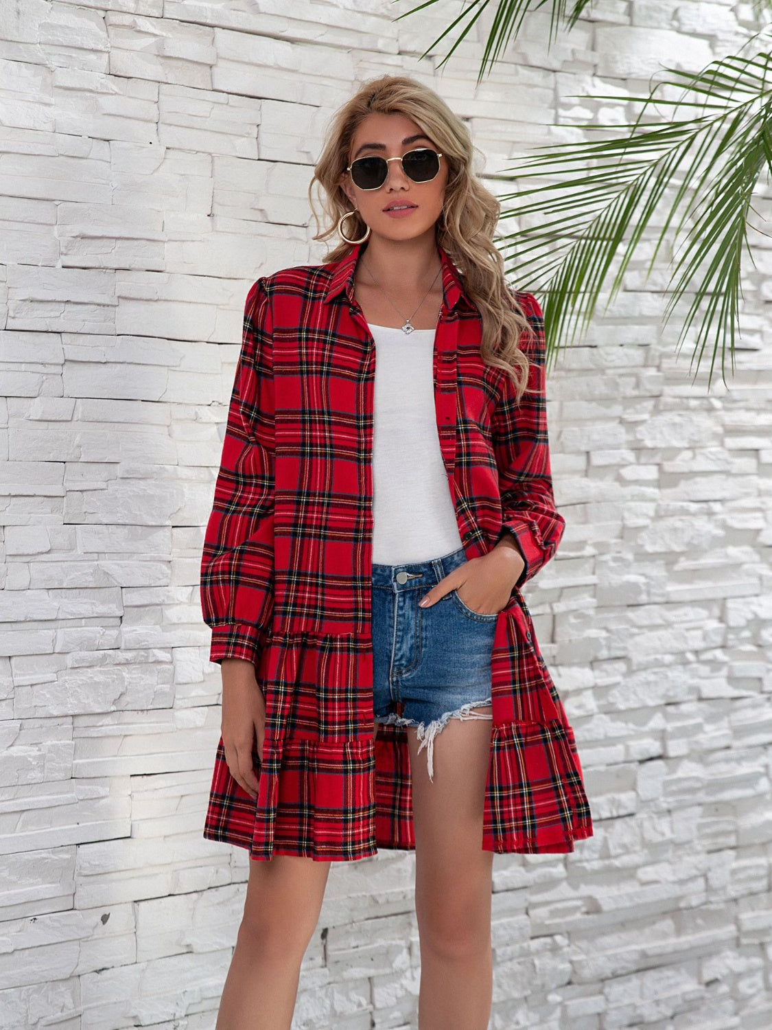 Shirt Style Checkered Plaid Button Down  Ruffle Hem  Dress with  Long Sleeve