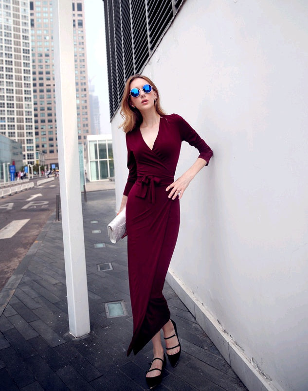 New V-neck Tie Waist Slim Sliming Dress