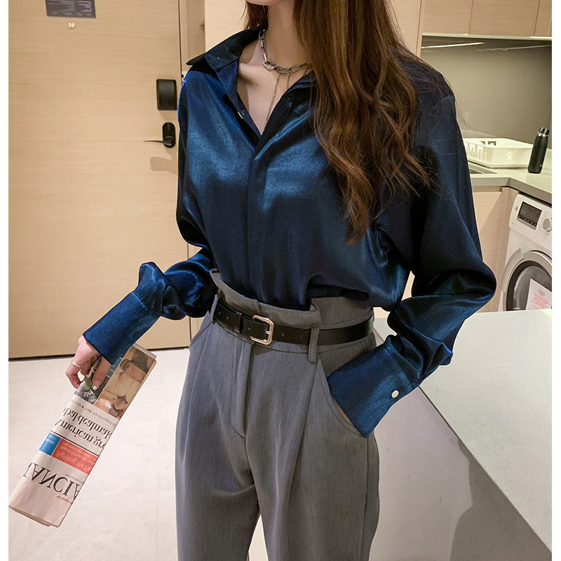 Retro  Satin Shirt  with Long Sleeves