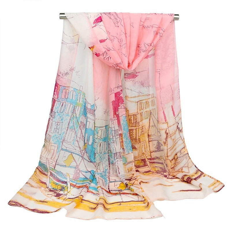 Sailing Oil Painting Printed Silk Scarf