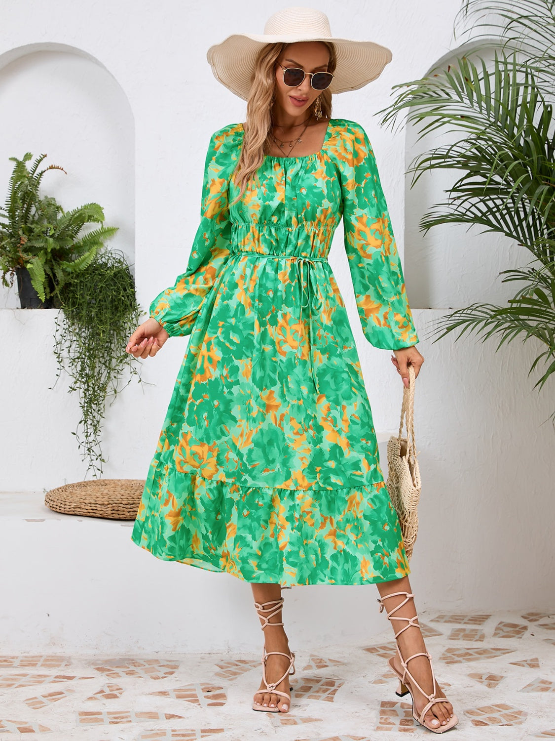 Happy Boho Printed Midi Dress with Long Sleeve