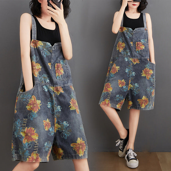 Printed And Washed Casual Oversized Denim Overalls