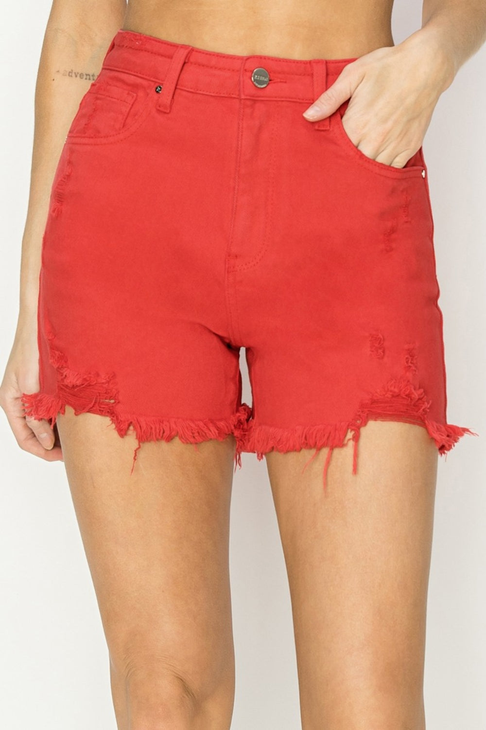 Red High Rise Distressed Denim Shorts