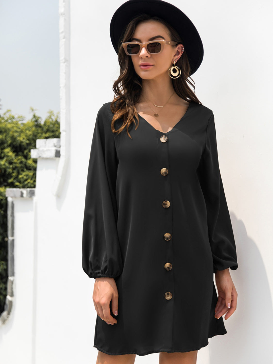 New Autumn  Mini Buttoned Dress with V-Neck & Long Sleeves