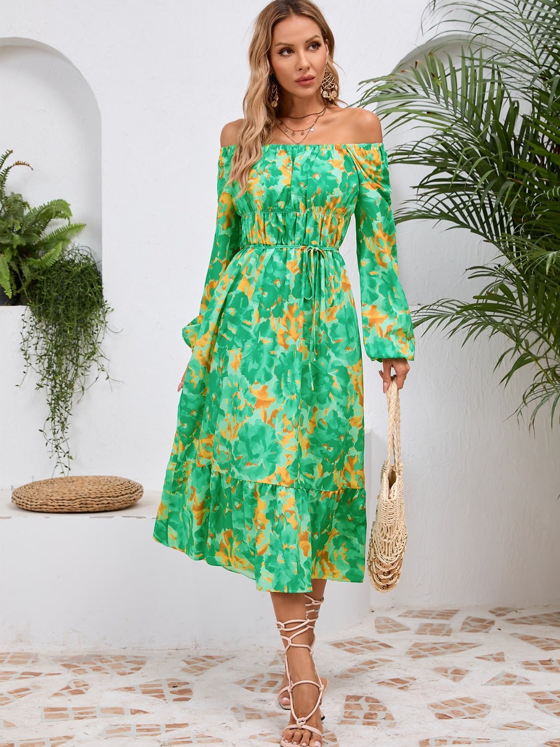 Happy Boho Printed Midi Dress with Long Sleeve